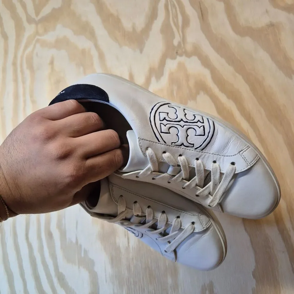 Tory Burch Women's T Logo Leather Sneakers White Navy Size 7M Low Top